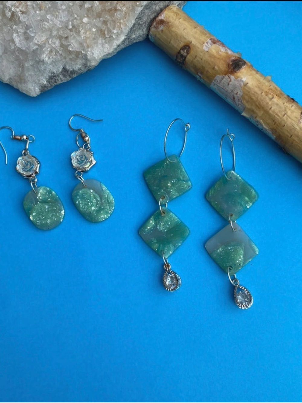 Handmade Polymer Clay Mint Green Dangle Earrings with Teardrop Charm - Picture 4 of 4
